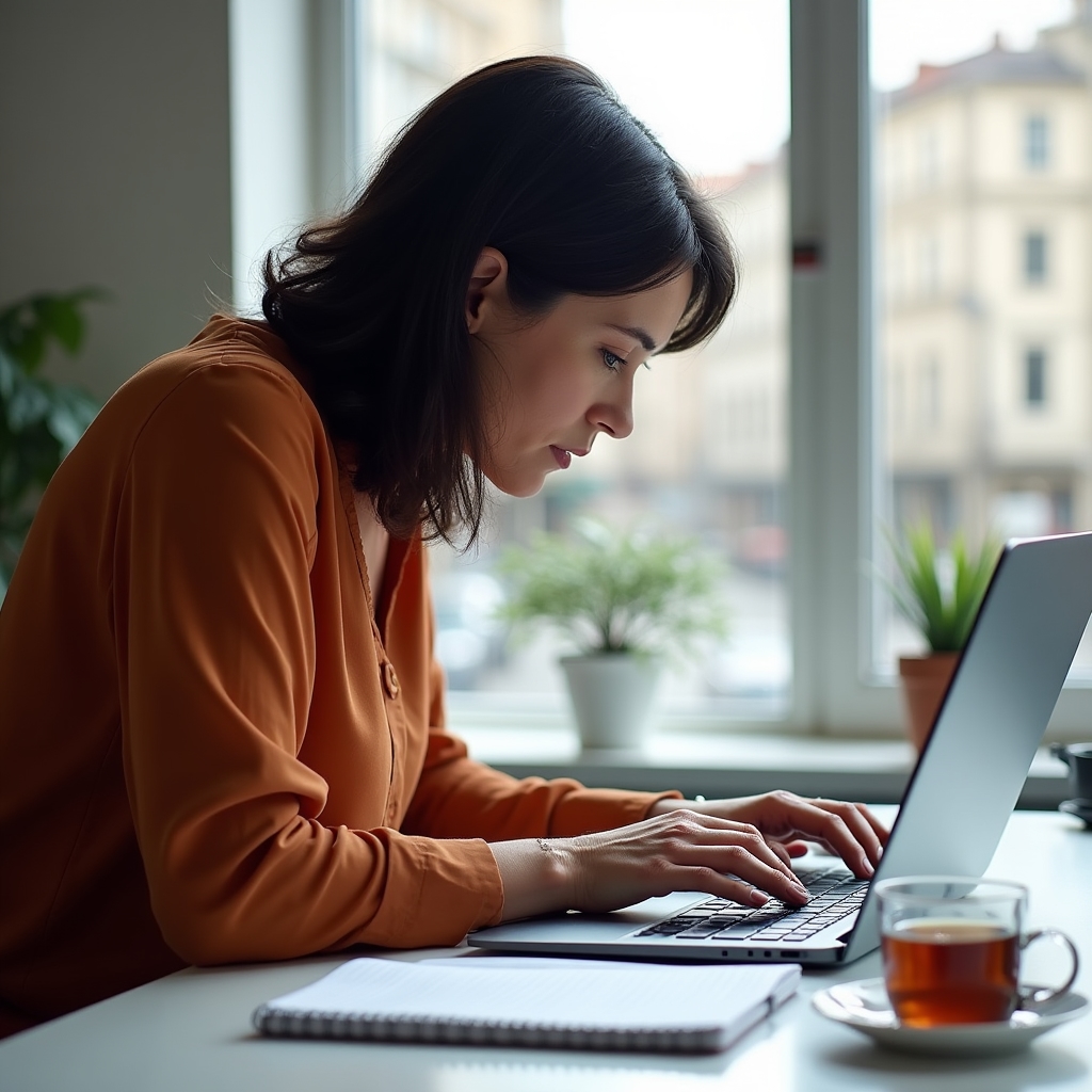 Persoană cercetând domenii profesionale noi pe laptop în birou luminos