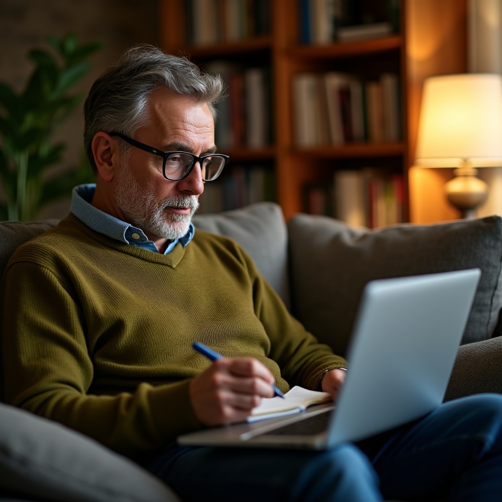 Persoană matură urmărind un curs online pe laptop acasă