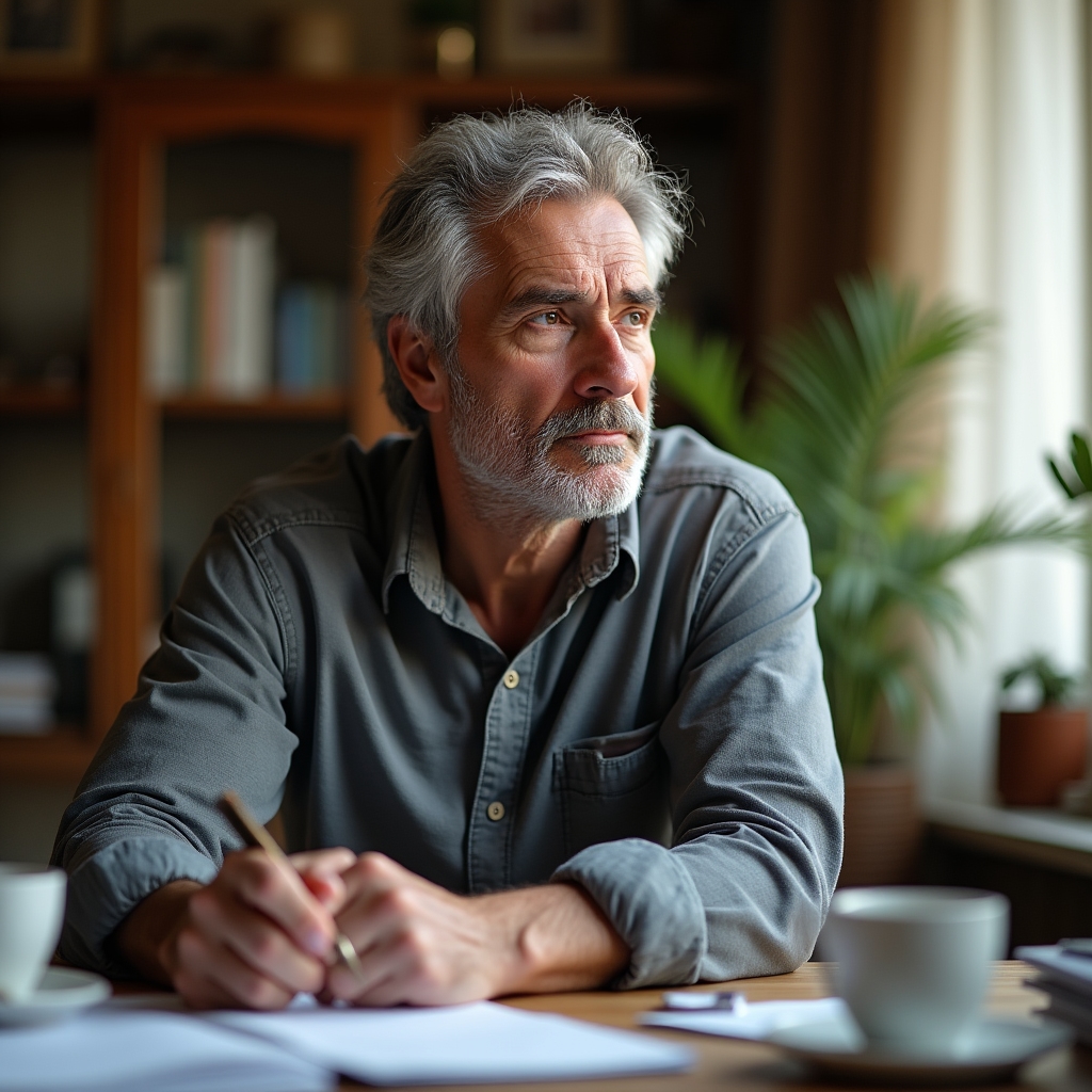 Profesionist matur reflectând la cariera sa la un birou organizat